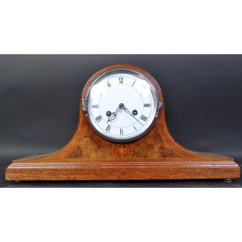 1471 - An Edwardian early 20th century inlaid Napoleon hat shaped mantel clock. The oak mantle clock having... 