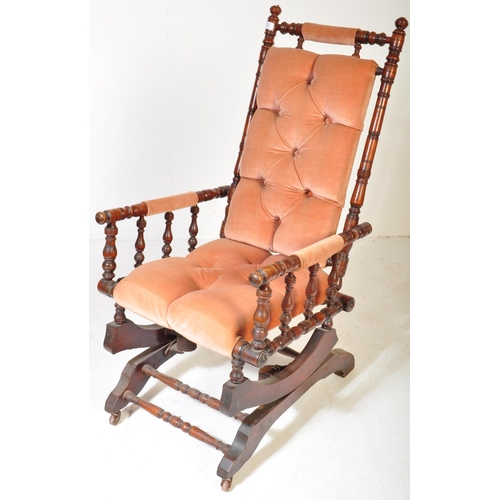 1472 - A 19th century Victorian mahogany Boston rocker chair - armchair . The chair having ring turned supp... 