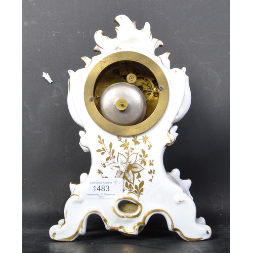 1483 - A 19th Century French porcelain ceramic mantel striking clock. With gilt decoration on a white groun... 