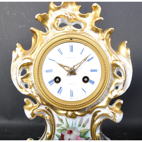 1483 - A 19th Century French porcelain ceramic mantel striking clock. With gilt decoration on a white groun... 