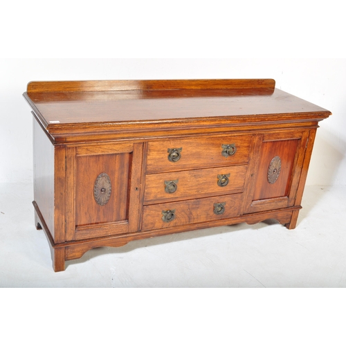 1496 - An Edwardian early 20th century walnut sideboard credenza having a flared chamfered top with gallery... 