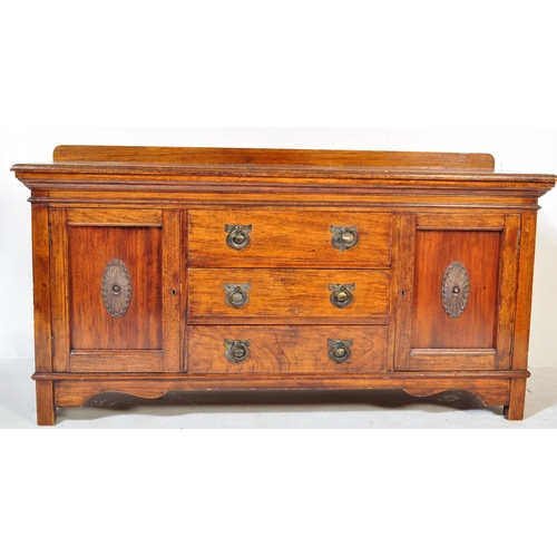 1496 - An Edwardian early 20th century walnut sideboard credenza having a flared chamfered top with gallery... 