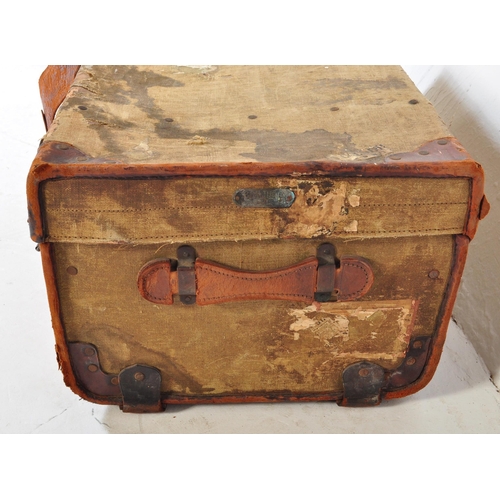 1498 - Early 20th century green, leather and wooden bound D-Mob steamer trunk chest. Of rectangular constru... 