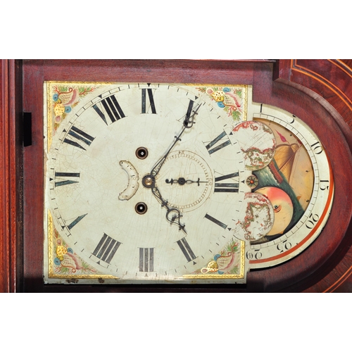 1502 - A George III 18th century flame mahogany long case grandfather clock having moon face action with a ... 