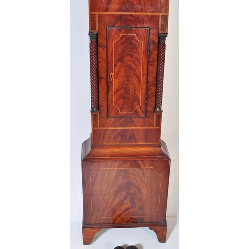 1502 - A George III 18th century flame mahogany long case grandfather clock having moon face action with a ... 