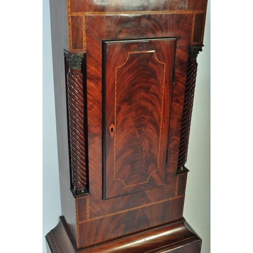 1502 - A George III 18th century flame mahogany long case grandfather clock having moon face action with a ... 