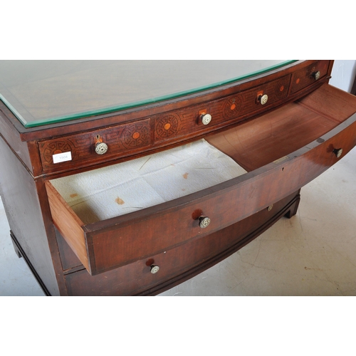 1504 - Early 20th century mahogany stencil decorated bow fronted chest of drawers. The chest with bracket f... 