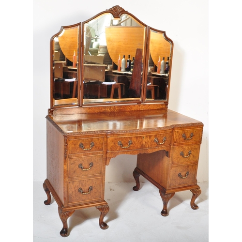 1509 - Queen Anne burr walnut revival dressing table being raised on cabriole legs with pad feet having ped... 