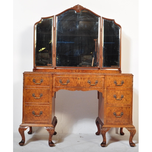 1509 - Queen Anne burr walnut revival dressing table being raised on cabriole legs with pad feet having ped... 