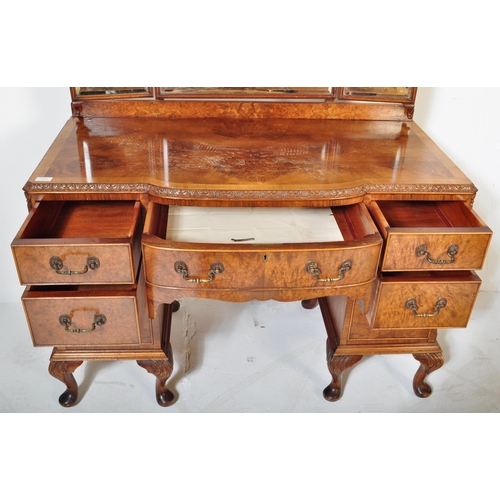 1509 - Queen Anne burr walnut revival dressing table being raised on cabriole legs with pad feet having ped... 