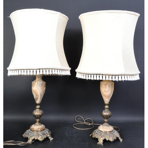 1518 - A set of three retro vintage 20th century circa 1980s marble & brass table lamps with shades. The lo... 