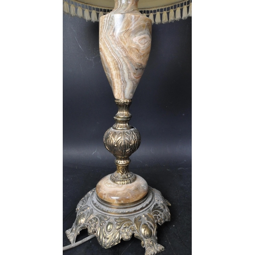 1518 - A set of three retro vintage 20th century circa 1980s marble & brass table lamps with shades. The lo... 