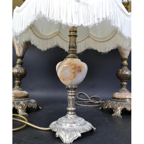 1518 - A set of three retro vintage 20th century circa 1980s marble & brass table lamps with shades. The lo... 