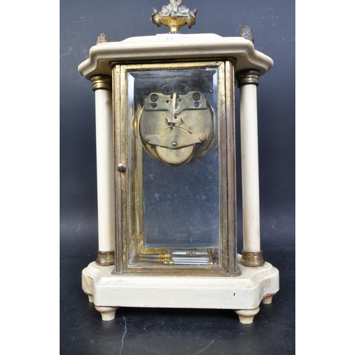 1528 - Early 20th century 24hour portico mantel clock. Enamel foliate decorated dial with Arabic number cha... 