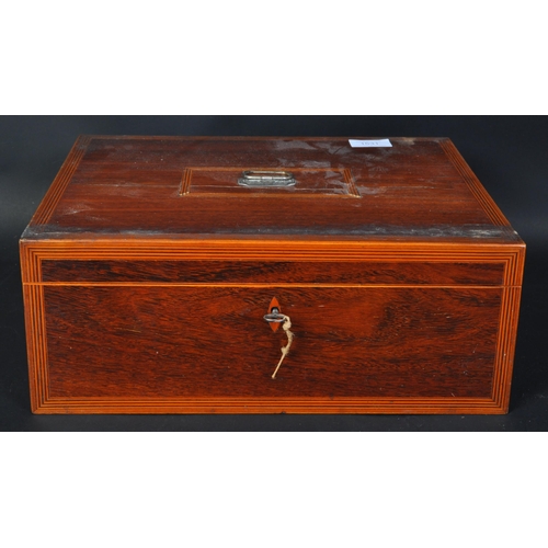 1531 - A Victorian 19th century mahogany and box wood inlaid work box chest.  Large form with central brass... 