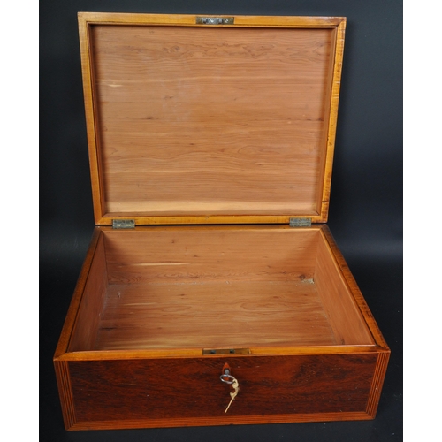 1531 - A Victorian 19th century mahogany and box wood inlaid work box chest.  Large form with central brass... 