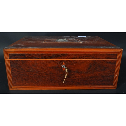 1531 - A Victorian 19th century mahogany and box wood inlaid work box chest.  Large form with central brass... 