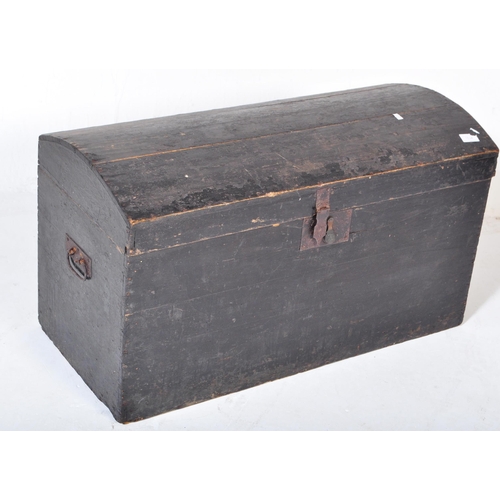 1534 - A Victorian 19th century ebonised pine dome top blanket box chest trunk. Domed hinged top with open ... 