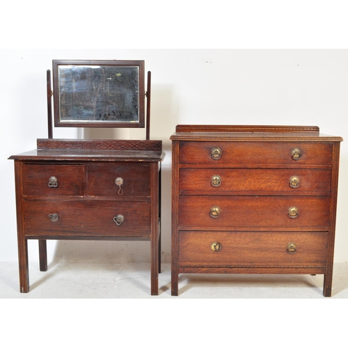 1552 - A 1920's oak Jacobean revival chest of drawers and matching dressing chest table. Each raised on squ... 