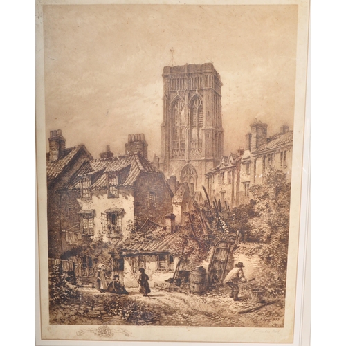 1560 - A 19th century Victorian etching after Charles Bird showing a Bristol street scene with church to th... 