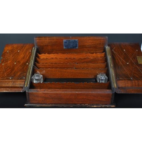 1566 - A 19th century Victorian burr walnut table top stationary desk tidy. The desk tidy having slanted tw... 