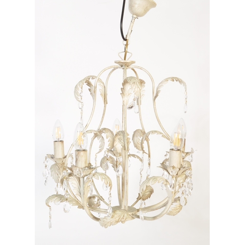 1581 - A 20th century painted metal Tollware five arms chandelier. The chandelier being painted white havin... 