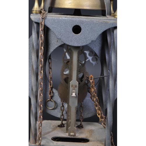 1596 - An early 20th century hanging skeleton clock. The clock having black enamelled roman numeral to the ... 