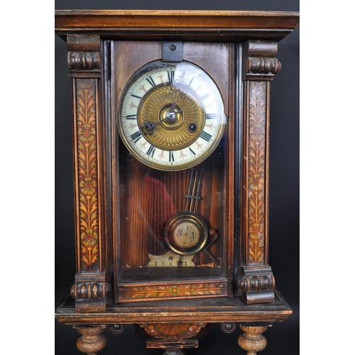 1598 - An early 20th century inlaid marquetry wall hanging clock. The clock having central gilt metal gadro... 