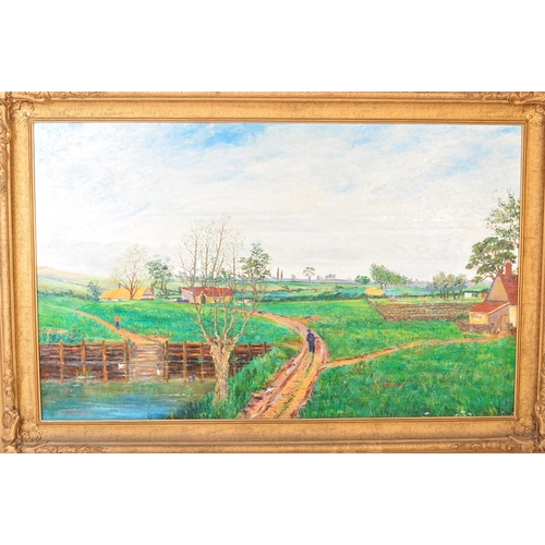 1621 - A large 20th century T. J. Edwards oil on canvas genre painting depicting a countryside farming land... 