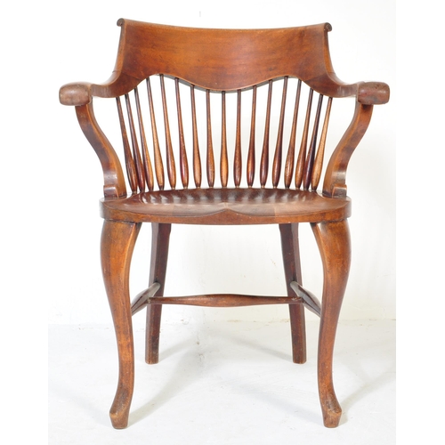 1623 - WITHDRAWN A Victorian 19th century fruitwood office desk chair. Raised on cabriole legs united by st... 