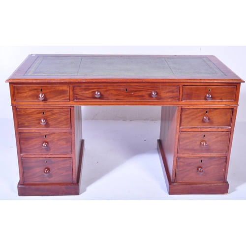 1644 - Victorian 19th century mahogany & leather twin pedestal office desk. Raised on pedestals with drawer... 