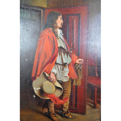 1464 - An early 20th Century oil on board painting of a Cavalier. The gentlemen in a door way with red cape... 