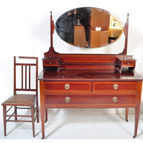 1516 - Edwardian mahogany inlaid dressing table chest. Raised on square tapering legs with short and deep d... 