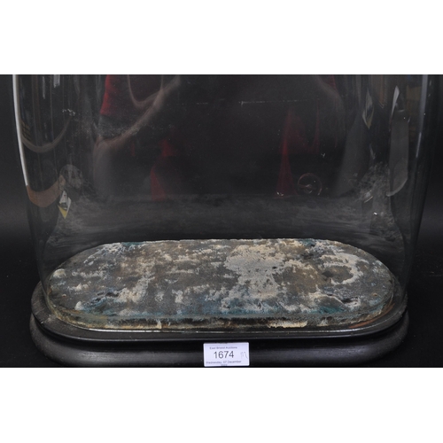 1674 - A large 19th century Victorian glass domed display case. On an oval curved ebonised base with thin v... 