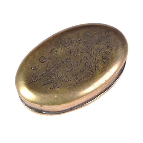 14 - Local interest - an early 20th Century (1903) miners brass tobacco / snuff box punched to the top Ed... 