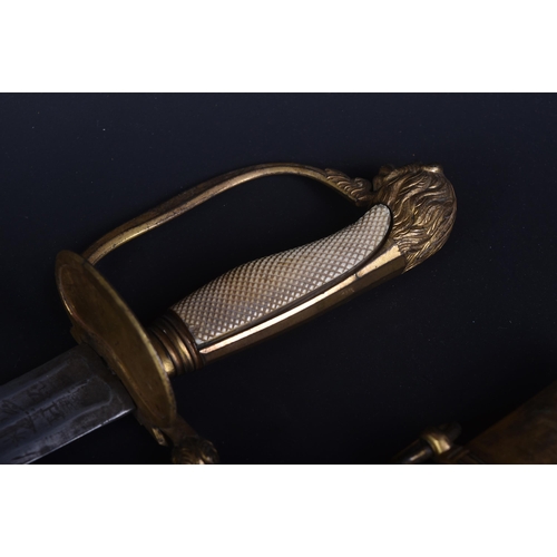 150 - An 18th Century Georgian (George III) Heavy Cavalry Officers transitional sword. Gilt lions head pom... 