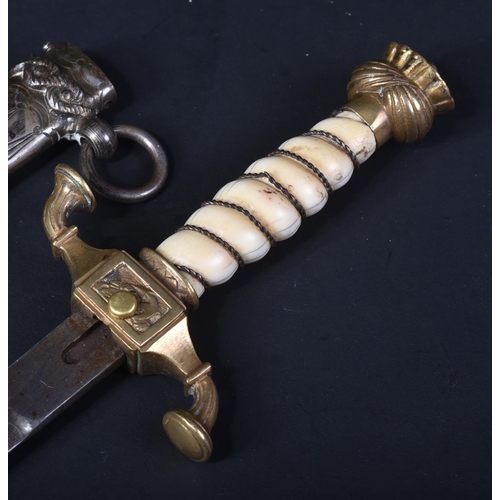 305 - A WWI First World War Ottoman Empire / Turkish Naval Dirk. Brass pommel in the form of a turban, bon... 