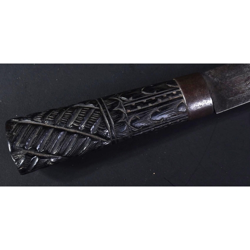 359 - A 19th Century Naval Dirk / Fighting Knife with a carved bog wood grip and an ancient battleship sce... 