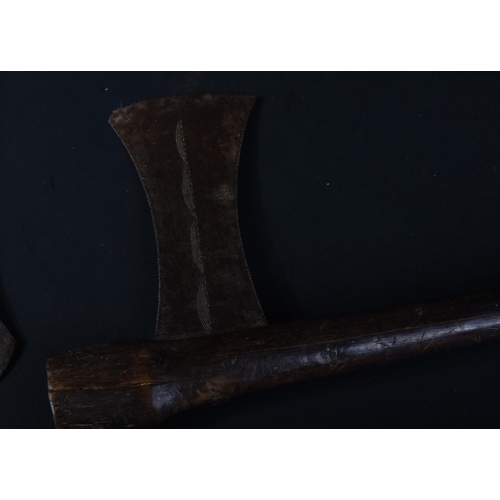 461 - Two African ( Congo / Congolese ) ethnic tribal axes. The axe heads with blunt serrated edges taperi... 