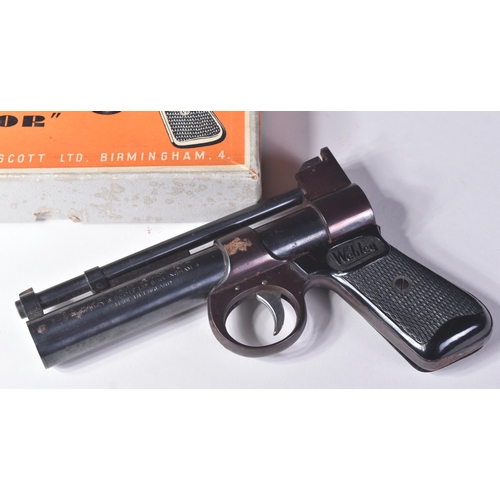 144 - An original vintage Webley Junior .177 calibre air pistol / gun. Chequered Bakelite grip with steel ... 