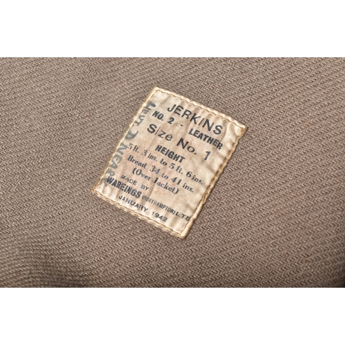 24 - An original WWII Second World War 1942 dated British Army Officers brown leather jerkin. The single-... 