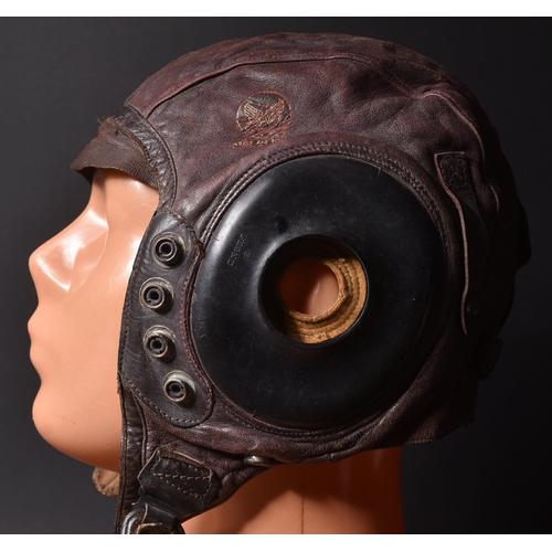 317 - A WWII Second World War USAAF United States Army Air Force leather flying helmet Type A-II. Brown le... 