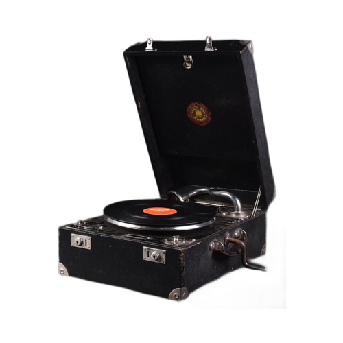 324 - A WWII Second World War Third Reich Nazi German Gramophone with x2 LP records. Rectangular black lea... 