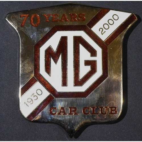 353 - A Limited Edition MG Car Club 70th Anniversary car mascot badge. Chrome plated with brown and cream ... 