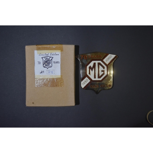 353 - A Limited Edition MG Car Club 70th Anniversary car mascot badge. Chrome plated with brown and cream ... 