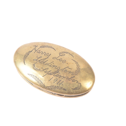 96 - Local interest - an early 20th Century (1911) miners brass tobacco / snuff box punched to the top Ha... 