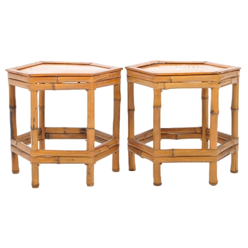 105 - A matching pair of vintage 20th Century bamboo stands. Each of hexagonal form with bamboo legs unite... 