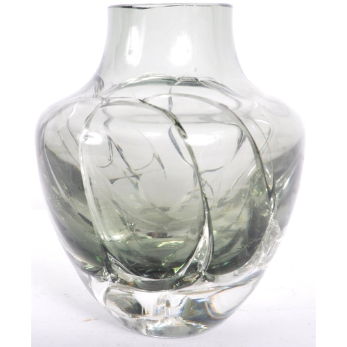 141 - A retro mid 20th Century crackle glass vase in platinum. The vase of ovid tapering form with cracked... 