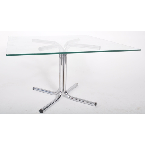 148 - A retro 20th Century 1980s chrome and glass topped coffee table / low table. Square clear glass top ... 