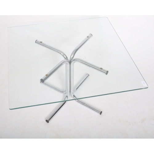 148 - A retro 20th Century 1980s chrome and glass topped coffee table / low table. Square clear glass top ... 